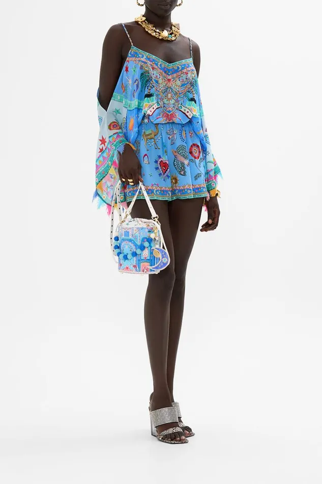DRAWSTRING BUCKET BAG WITH BEADED HANDLE A PAINTED VILLAGE A Painted Village WomensMens Camilla Bags