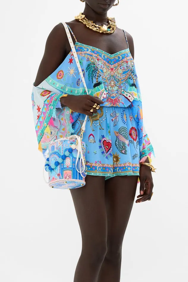 DRAWSTRING BUCKET BAG WITH BEADED HANDLE A PAINTED VILLAGE A Painted Village WomensMens Camilla Bags