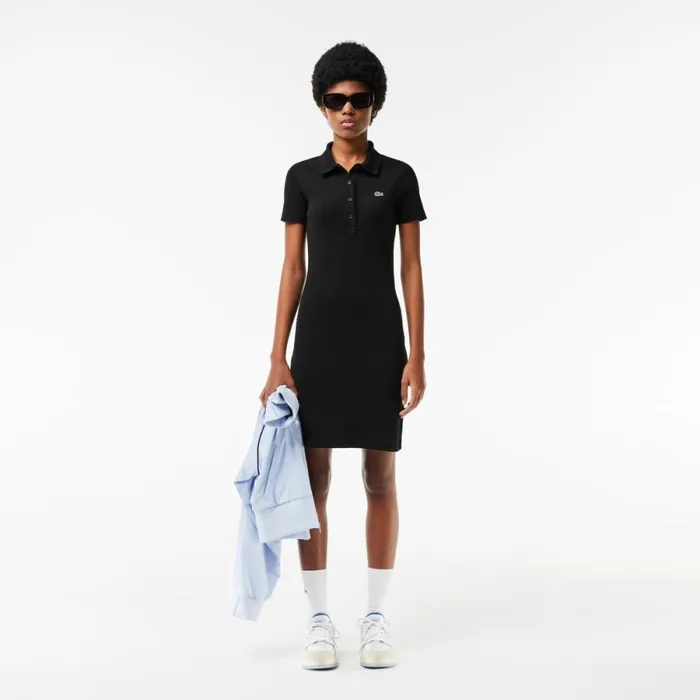 Dresses Women Lacoste Women039s Short Sleeved Slim Fit Ribbed Cotton Dress Black 031