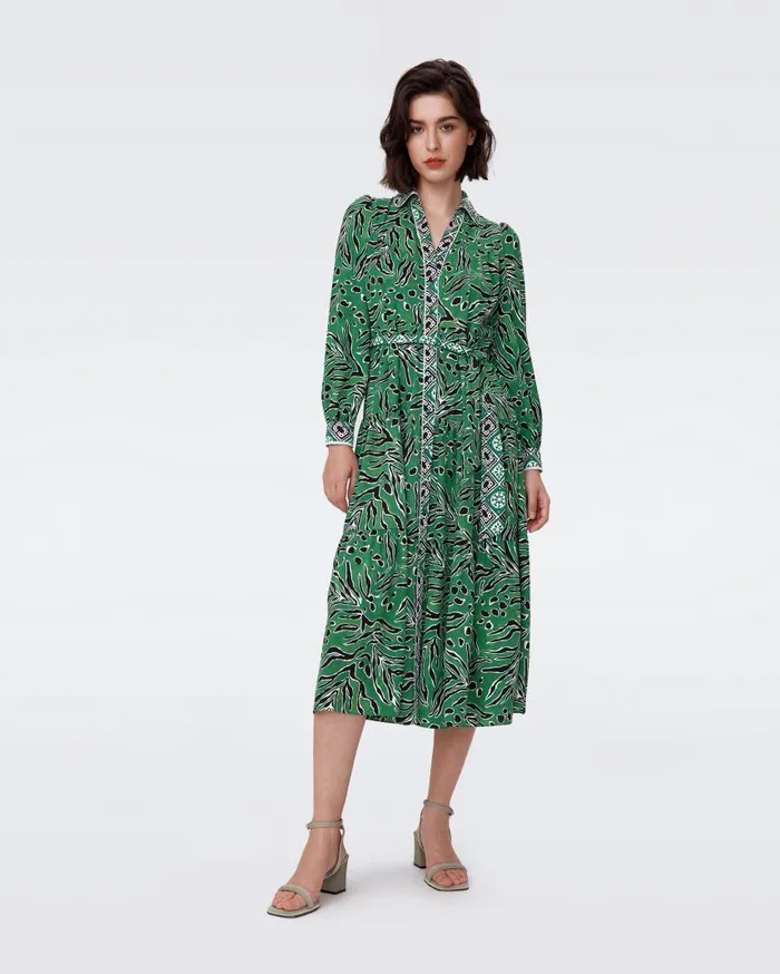 DVF Dresses Women Alea Dress Huge Water Tygress Green And Paper Cut Geo
