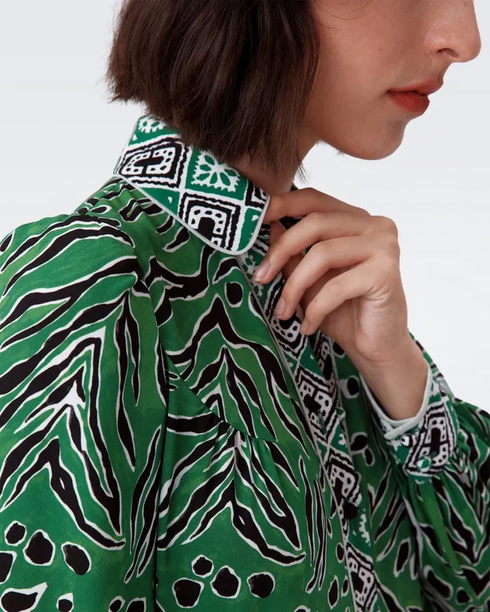 DVF Dresses Women Alea Dress Huge Water Tygress Green And Paper Cut Geo