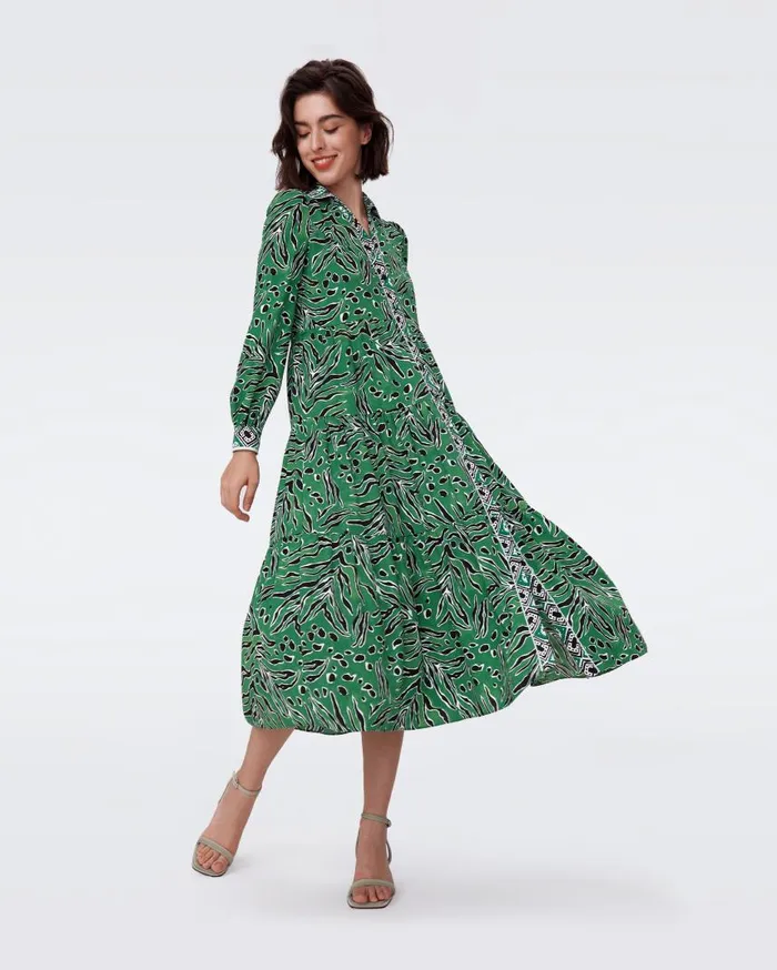 DVF Dresses Women Alea Dress Huge Water Tygress Green And Paper Cut Geo