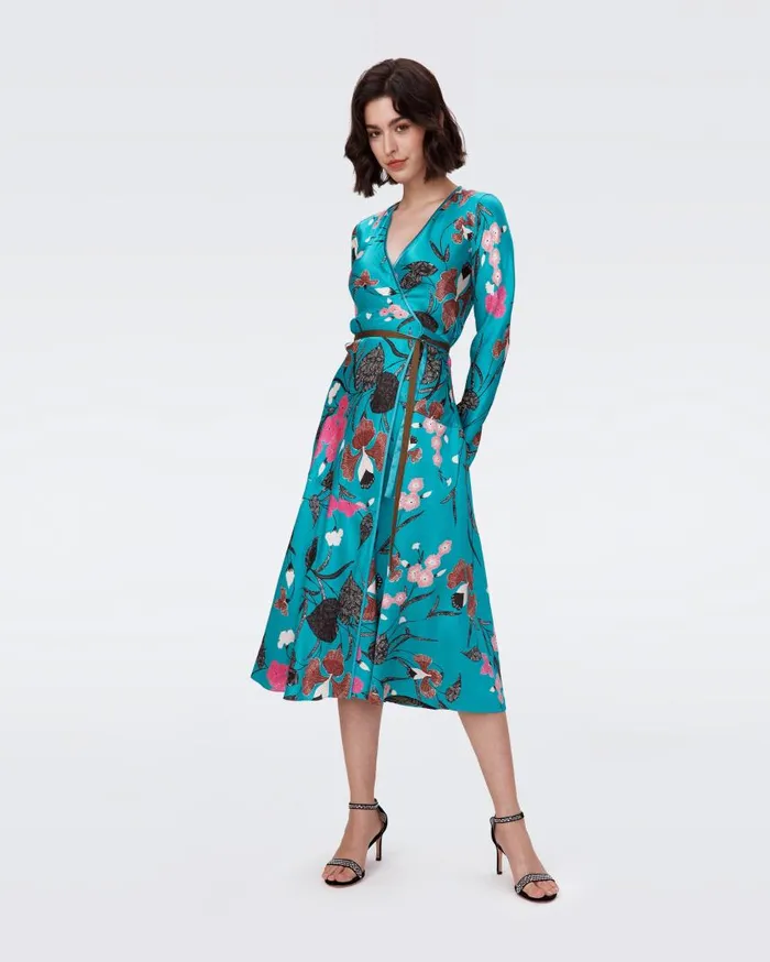 DVF Dresses Women Anika Reversible Dress Festival Floral Teal And Olive