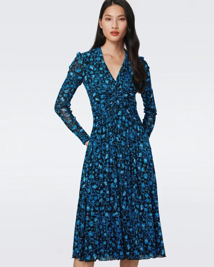 DVF Dresses Women Burton Mesh Dress Huge Fleetwood Folk Blue