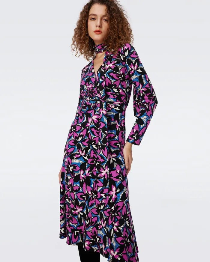 DVF Dresses Women Marsha Dress Fishnet Floral Purple Blush