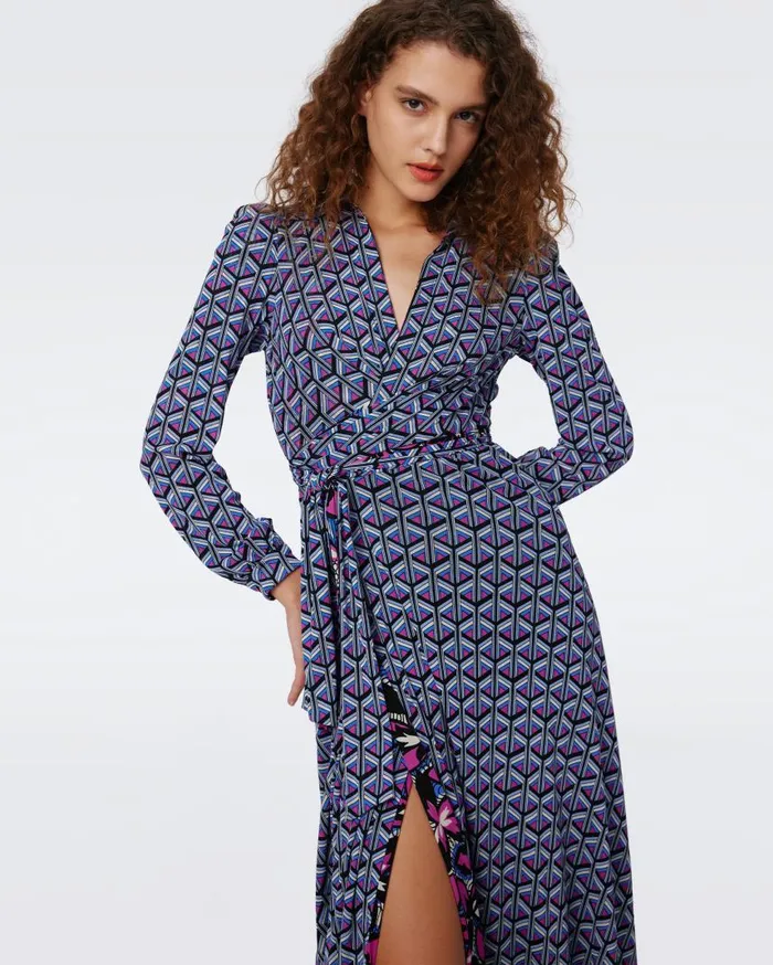 DVF Dresses Women Phoenix Reversible Mesh Wrap Dress Fishnet Floral And Stadium Geo Purple