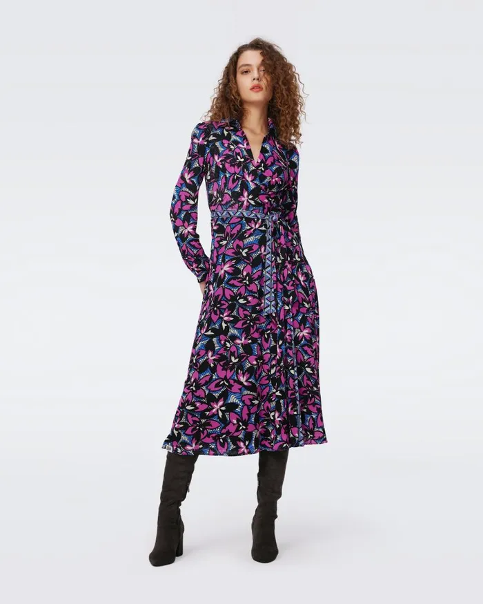 DVF Dresses Women Phoenix Reversible Mesh Wrap Dress Fishnet Floral And Stadium Geo Purple