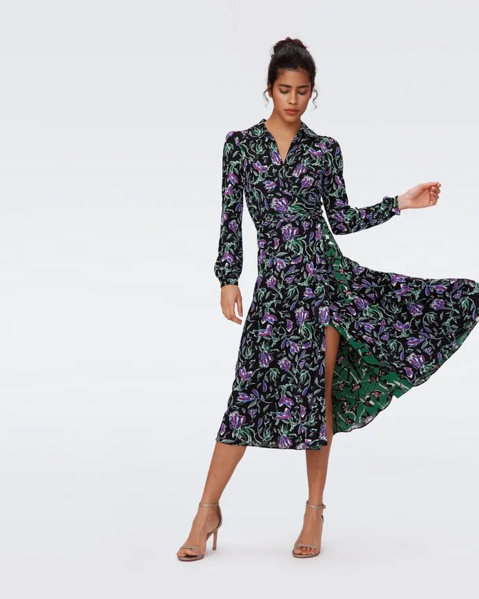 DVF Dresses Women Phoenix Reversible Mesh Wrap Dress Tulip Fields Violet And Clover Twigs Green