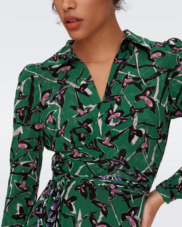 DVF Dresses Women Phoenix Reversible Mesh Wrap Dress Tulip Fields Violet And Clover Twigs Green