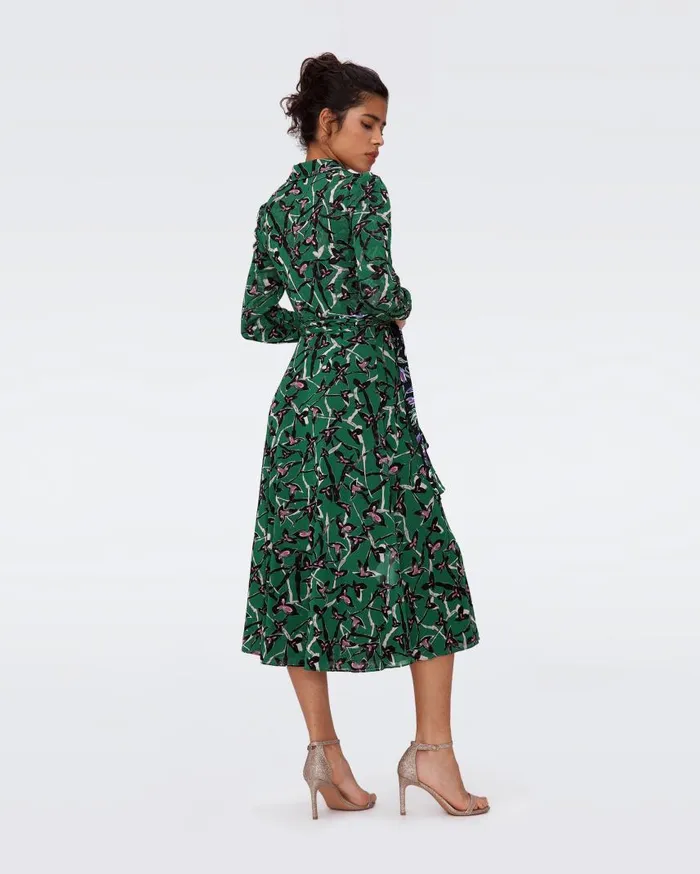DVF Dresses Women Phoenix Reversible Mesh Wrap Dress Tulip Fields Violet And Clover Twigs Green
