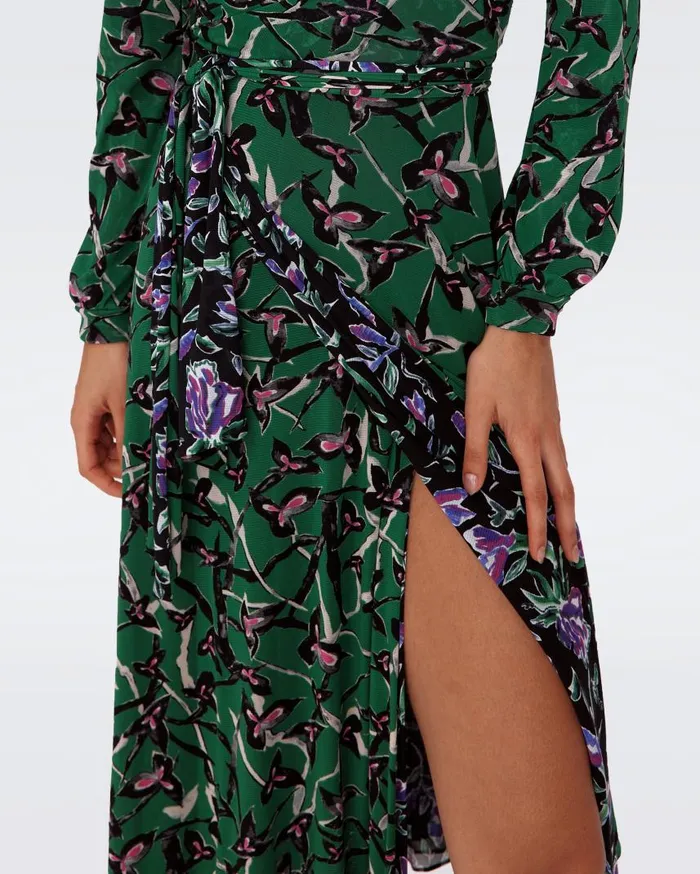 DVF Dresses Women Phoenix Reversible Mesh Wrap Dress Tulip Fields Violet And Clover Twigs Green
