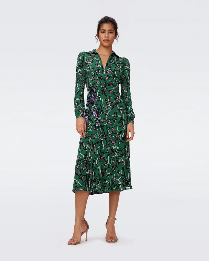 DVF Dresses Women Phoenix Reversible Mesh Wrap Dress Tulip Fields Violet And Clover Twigs Green