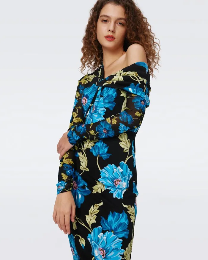 DVF Dresses Women Rich Dress Huge And Tiny Hendrix Floral Dark Teal