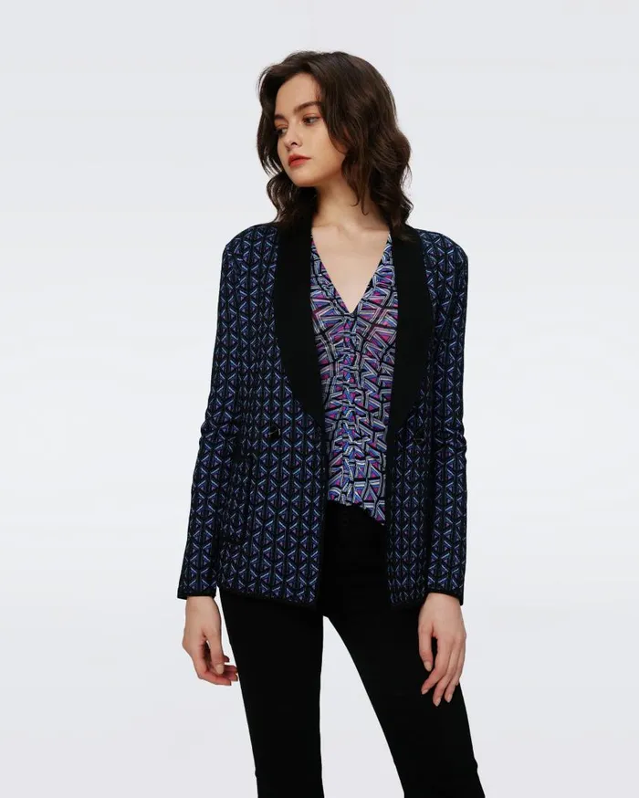 DVF Jackets and Coats Women Trillian Knit Jacquard Wool Jacket Tiny Stadium Geo Purple Blush