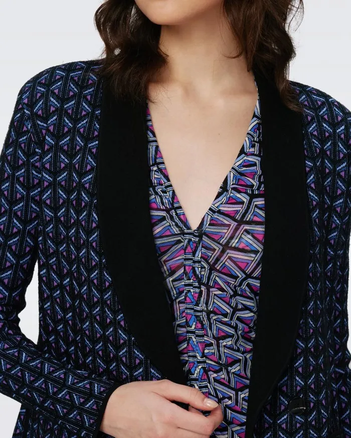DVF Jackets and Coats Women Trillian Knit Jacquard Wool Jacket Tiny Stadium Geo Purple Blush