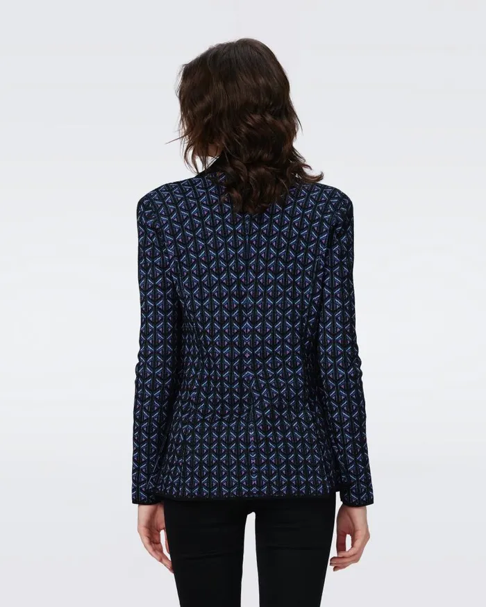 DVF Jackets and Coats Women Trillian Knit Jacquard Wool Jacket Tiny Stadium Geo Purple Blush