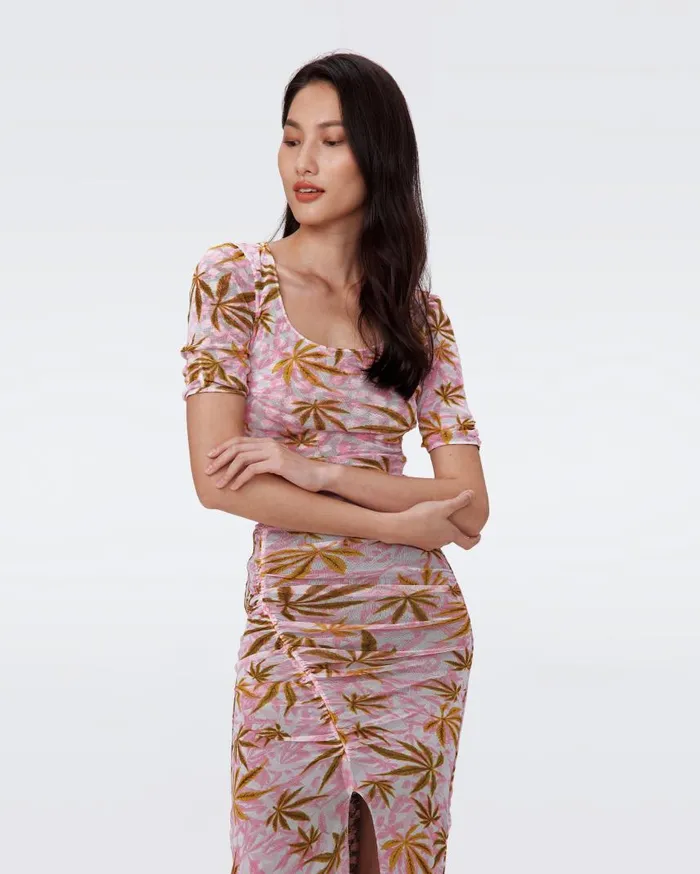 DVF Tops Women Ali Reversible Mesh Top Cannabis Pink And Rose Showers Khaki