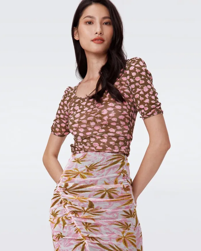 DVF Tops Women Ali Reversible Mesh Top Cannabis Pink And Rose Showers Khaki