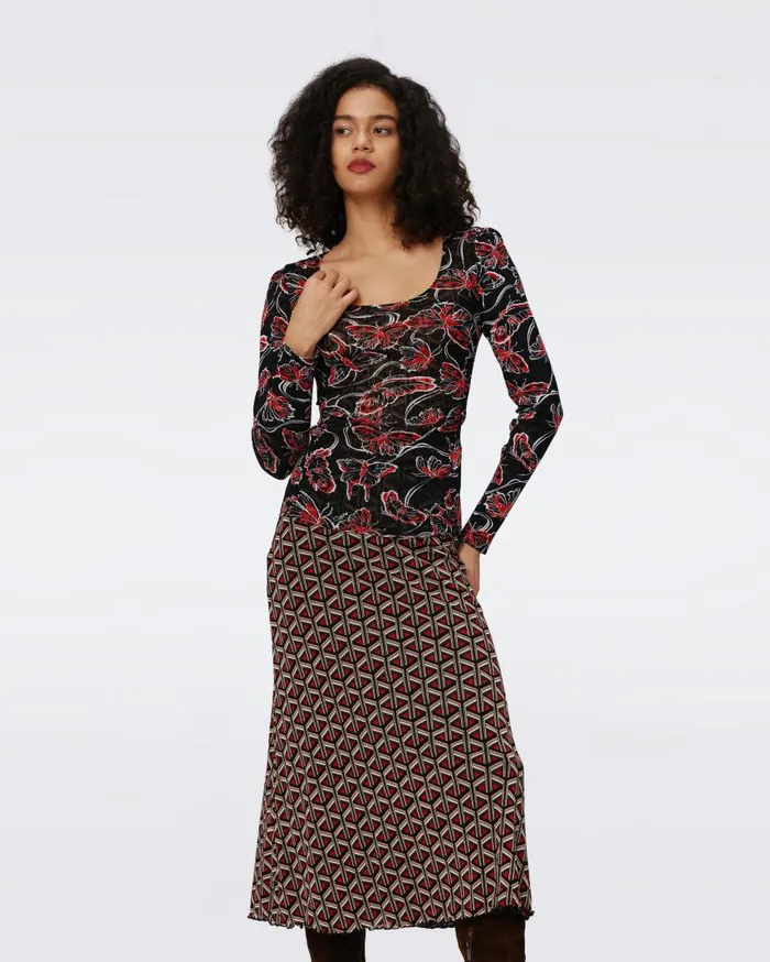 DVF Tops Women Ali Reversible Mesh Top Flutterfly And Tiny Stadium Geo Red