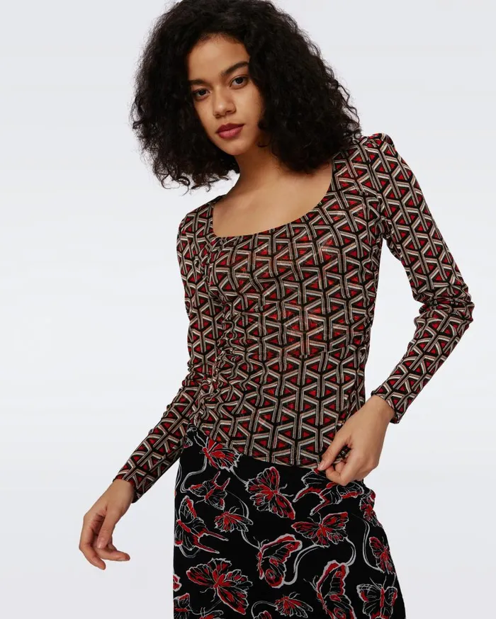 DVF Tops Women Ali Reversible Mesh Top Flutterfly And Tiny Stadium Geo Red
