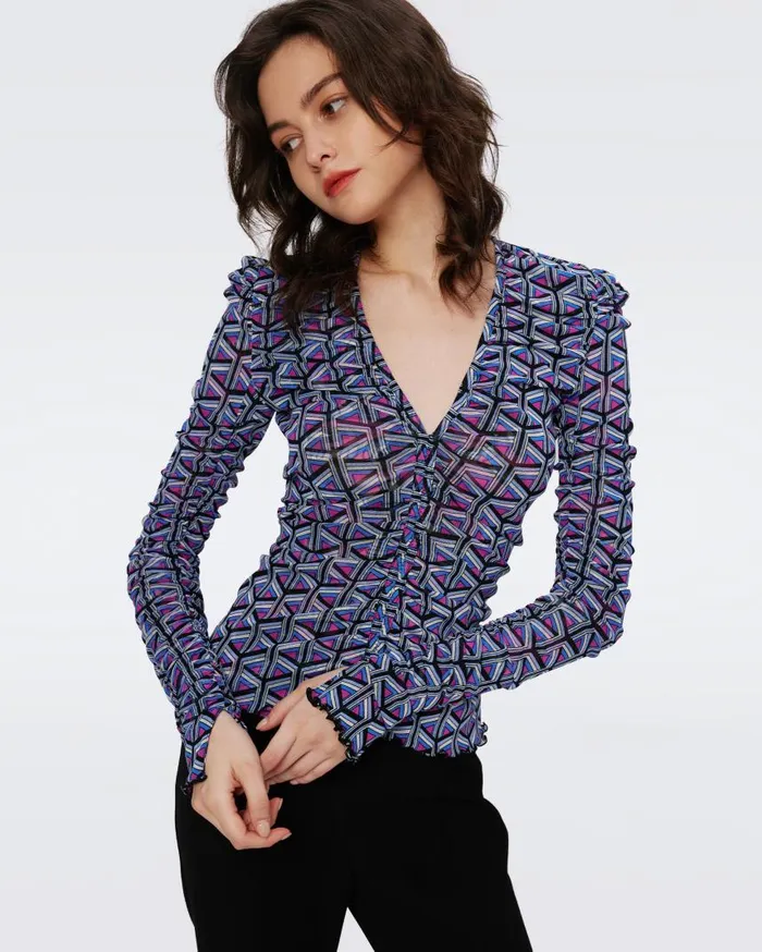 DVF Tops Women Amal Reversible Mesh Top Fishnet Floral And Stadium Geo Purple