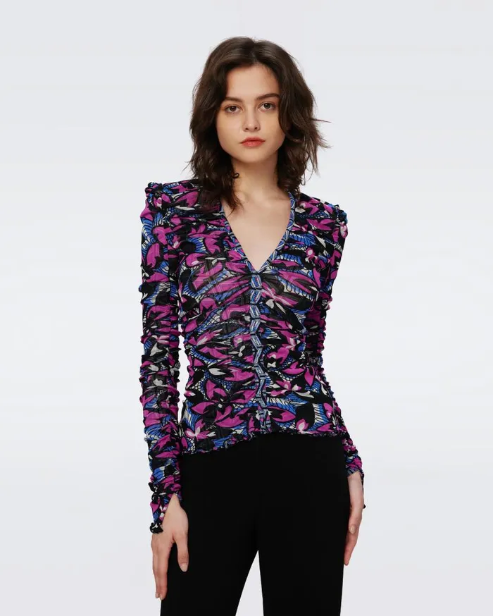 DVF Tops Women Amal Reversible Mesh Top Fishnet Floral And Stadium Geo Purple