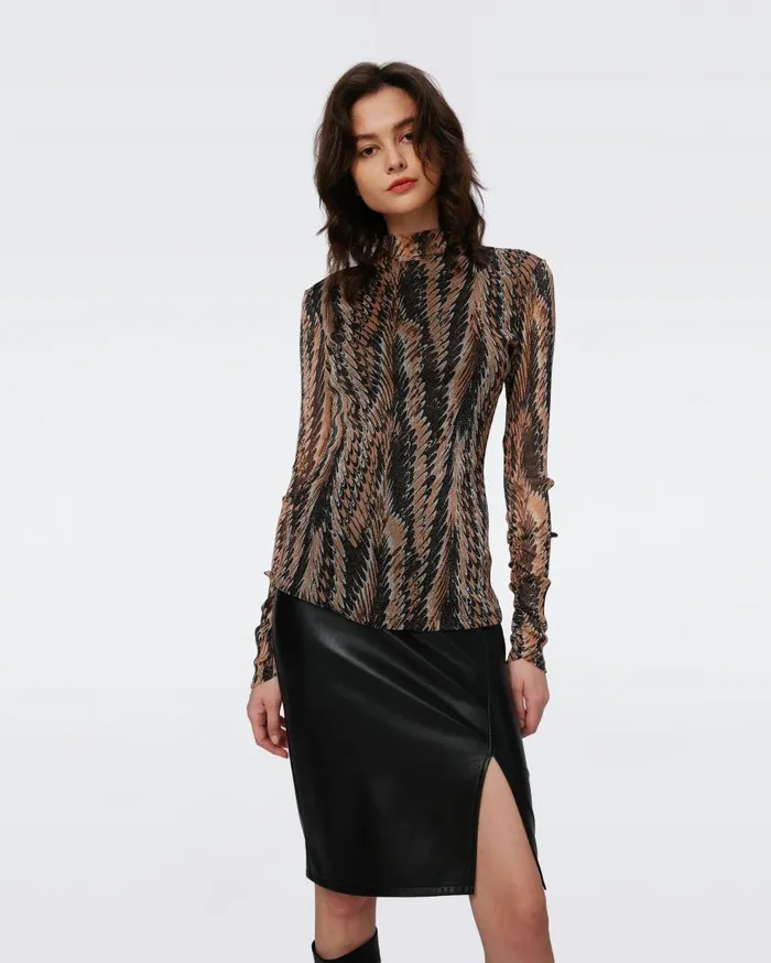 DVF Tops Women Remy Metallic Mesh Top Feather Boa