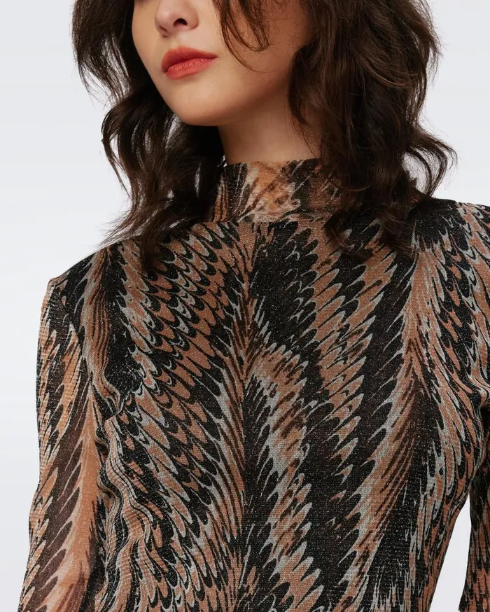DVF Tops Women Remy Metallic Mesh Top Feather Boa