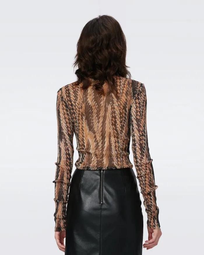 DVF Tops Women Remy Metallic Mesh Top Feather Boa