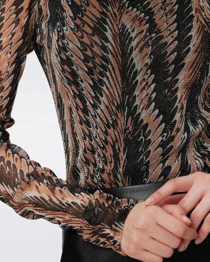 DVF Tops Women Remy Metallic Mesh Top Feather Boa