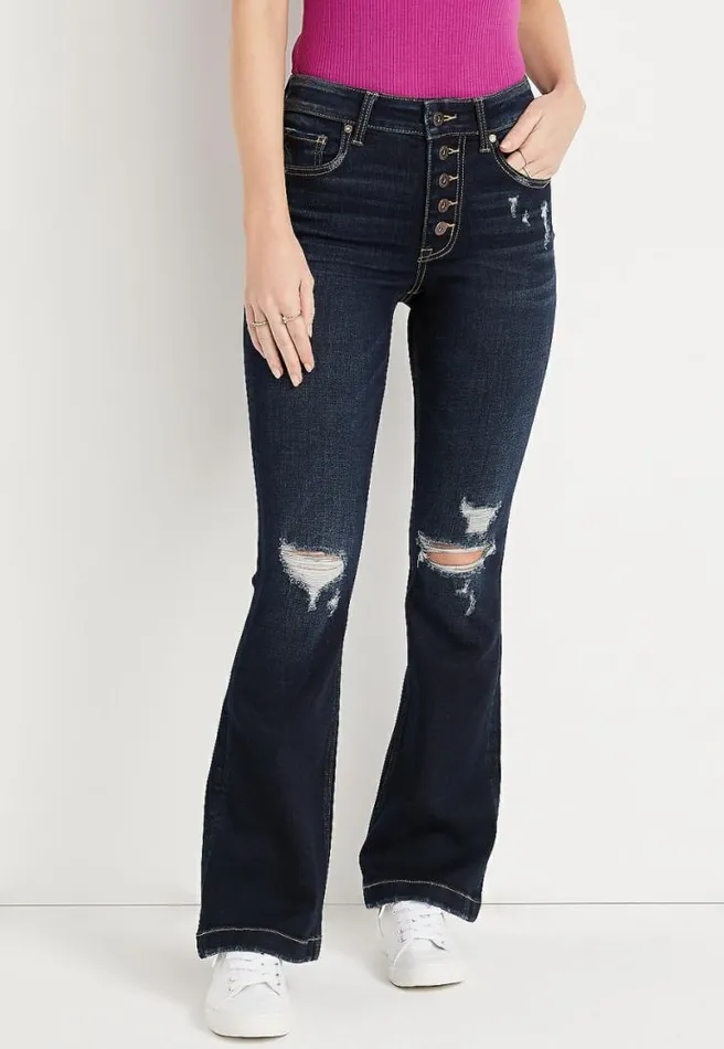 Edgely Flare High Rise Button Fly Ripped Jean Women Maurices Jeans