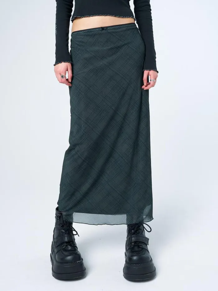 Elena Green Checked Mesh Maxi Skirt Women Minga London Bottoms