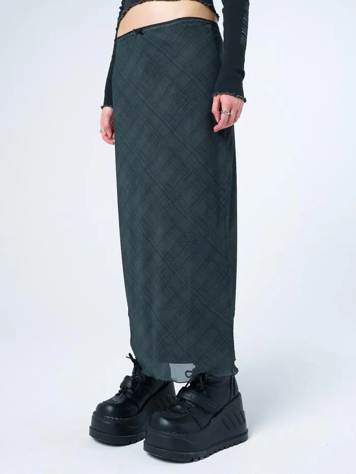 Elena Green Checked Mesh Maxi Skirt Women Minga London Bottoms