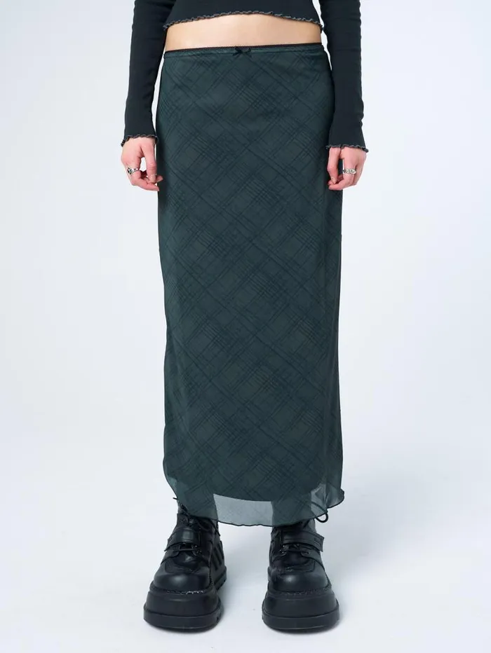 Elena Green Checked Mesh Maxi Skirt Women Minga London Bottoms
