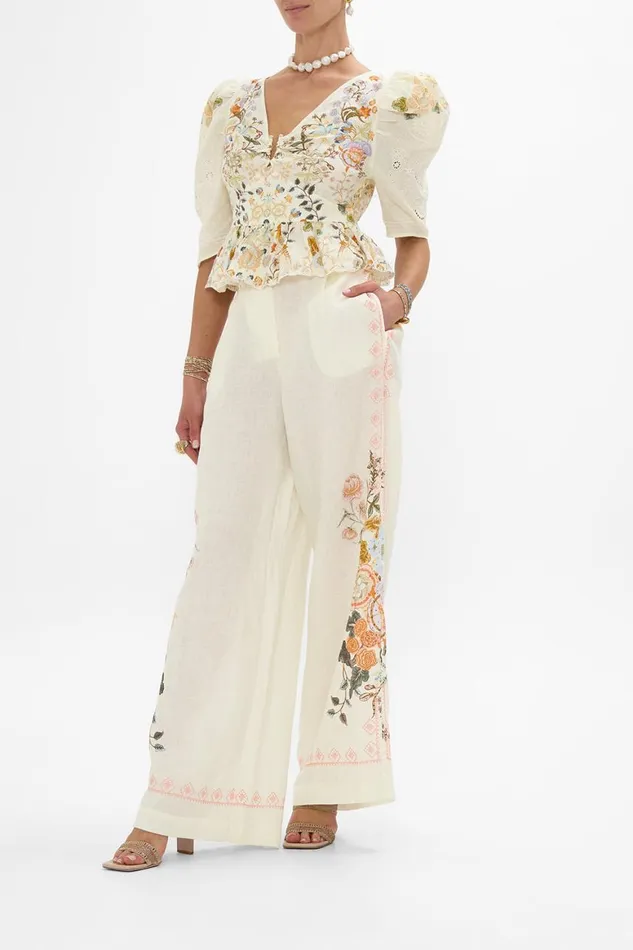 EMBROIDERED WIDE LEG WAISTED PANT IN HONOUR OF HEIRLOOMS In Honour Of Heirlooms Womens Camilla Pants