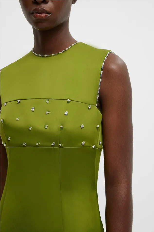 Emilia Wickstead Amadine Embellished Dress In Green Doppio Satin Women Dresses Emilia Wickstead Amadine Embellished Dress In Green Doppio Satin Women Dresses