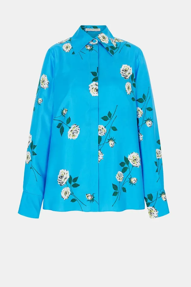 Emilia Wickstead Indu Shirt In Rose Stem Electric Blue Silk Twill Women Shirts and Tops