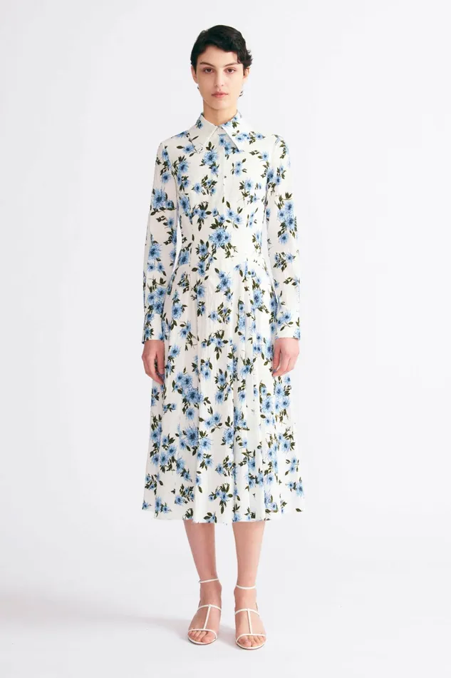 Emilia Wickstead Jancine Dress In Blue Floral Print Bibione Cotton Women Dresses