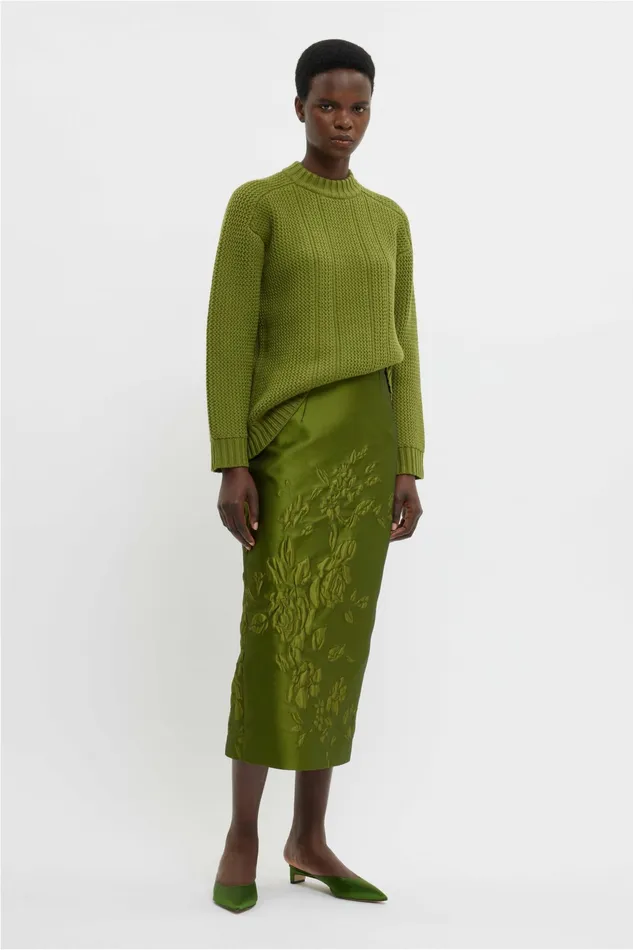 Emilia Wickstead Lorelei Skirt In Green Graphic Rose Jacquard Women Skirts