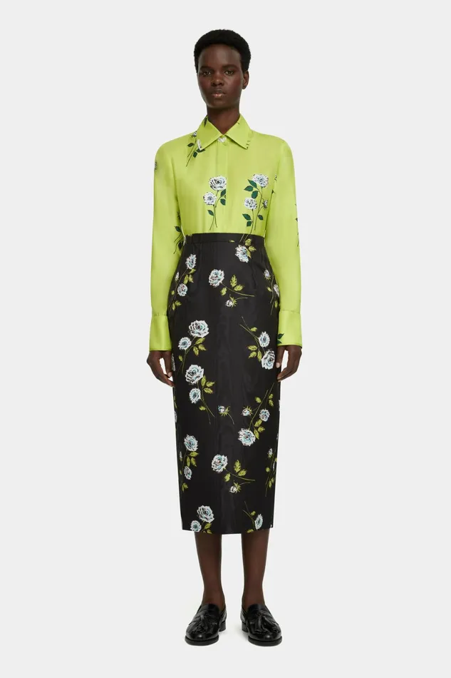 Emilia Wickstead Lorelei Skirt In Rose Stem Printed Moire On Black Women Skirts