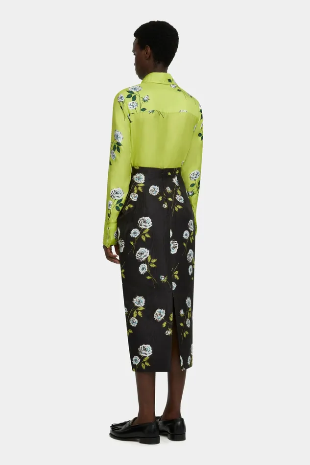 Emilia Wickstead Lorelei Skirt In Rose Stem Printed Moire On Black Women Skirts Emilia Wickstead Lorelei Skirt In Rose Stem Printed Moire On Black Women Skirts