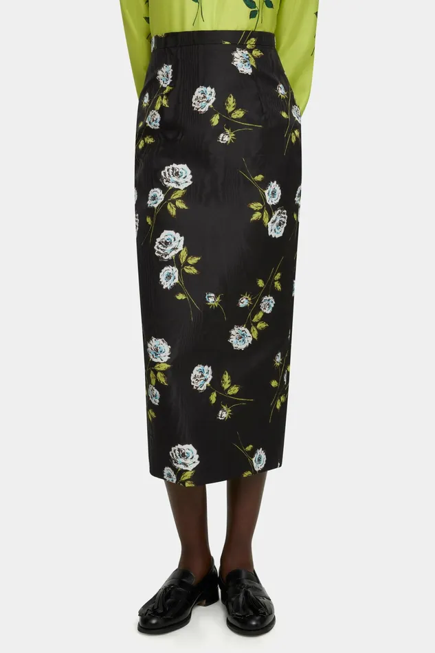 Emilia Wickstead Lorelei Skirt In Rose Stem Printed Moire On Black Women Skirts Emilia Wickstead Lorelei Skirt In Rose Stem Printed Moire On Black Women Skirts