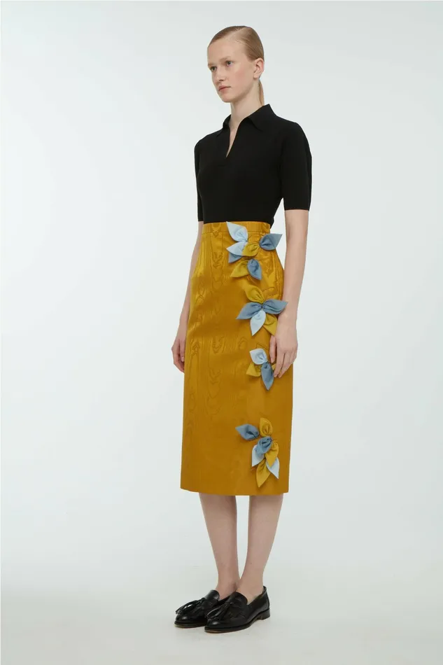 Emilia Wickstead Lorinda Embroidered Skirt In Ochre Moire Mikado Women Skirts Emilia Wickstead Lorinda Embroidered Skirt In Ochre Moire Mikado Women Skirts