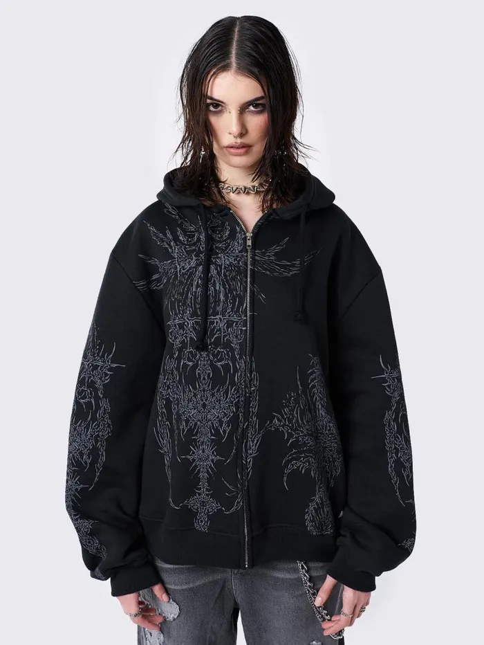Enigmatic Black Oversized Zip Up Hoodie Women Minga London Sweatshirts and Hoodies