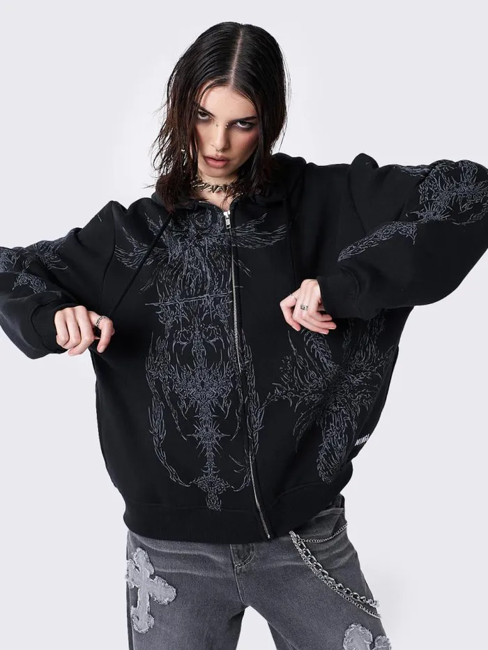 Enigmatic Black Oversized Zip Up Hoodie Women Minga London Sweatshirts and Hoodies Enigmatic Black Oversized Zip Up Hoodie Women Minga London Sweatshirts and Hoodies