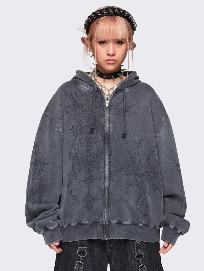 Enigmatic Grey Wash Oversized Zip Up Hoodie Women Minga London Sweatshirts and Hoodies