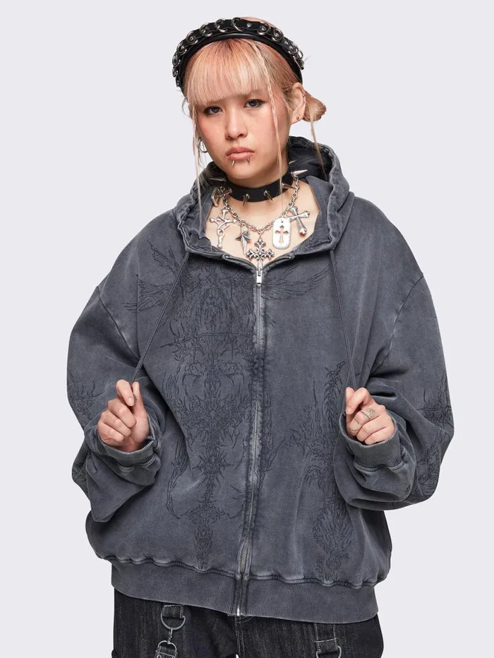 Enigmatic Grey Wash Oversized Zip Up Hoodie Women Minga London Sweatshirts and Hoodies Enigmatic Grey Wash Oversized Zip Up Hoodie Women Minga London Sweatshirts and Hoodies