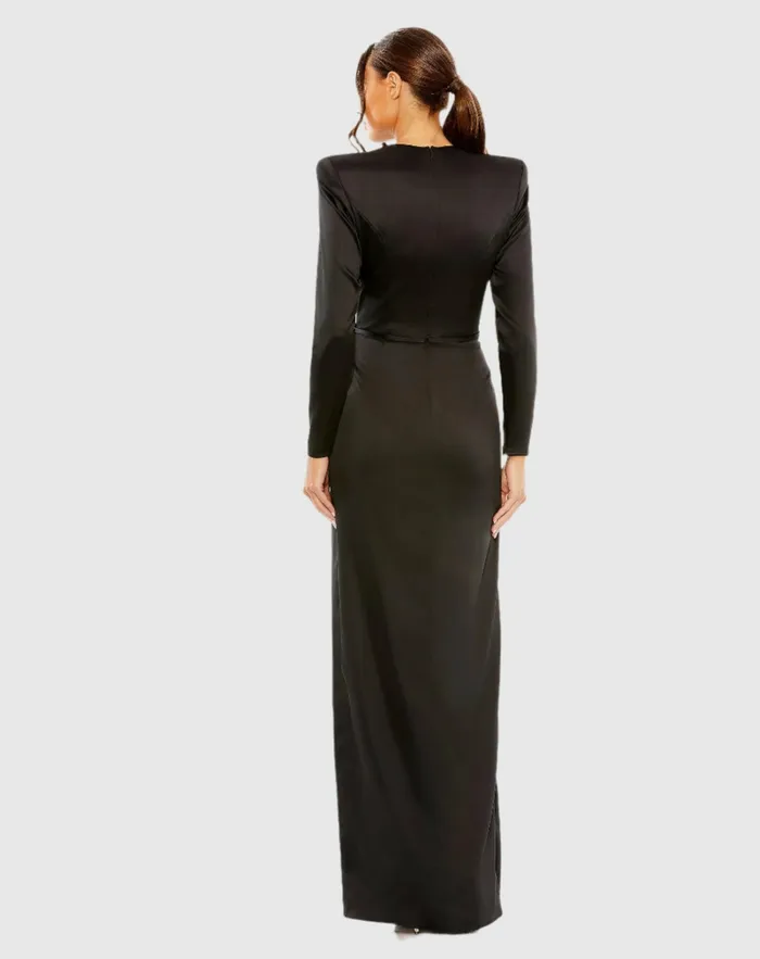 Evening Gowns Women Black Long Sleeve Structured Bow Draped Gown Black Mac Duggal