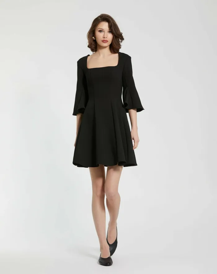 Every Day Dresses Crepe Square Neck 34 Sleeve Godet Mini Dress Black 8211 Mac Duggal Women Every Day Dresses Crepe Square Neck 34 Sleeve Godet Mini Dress Black 8211 Mac Duggal Women