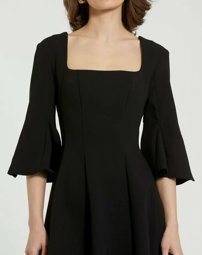 Every Day Dresses Crepe Square Neck 34 Sleeve Godet Mini Dress Black 8211 Mac Duggal Women